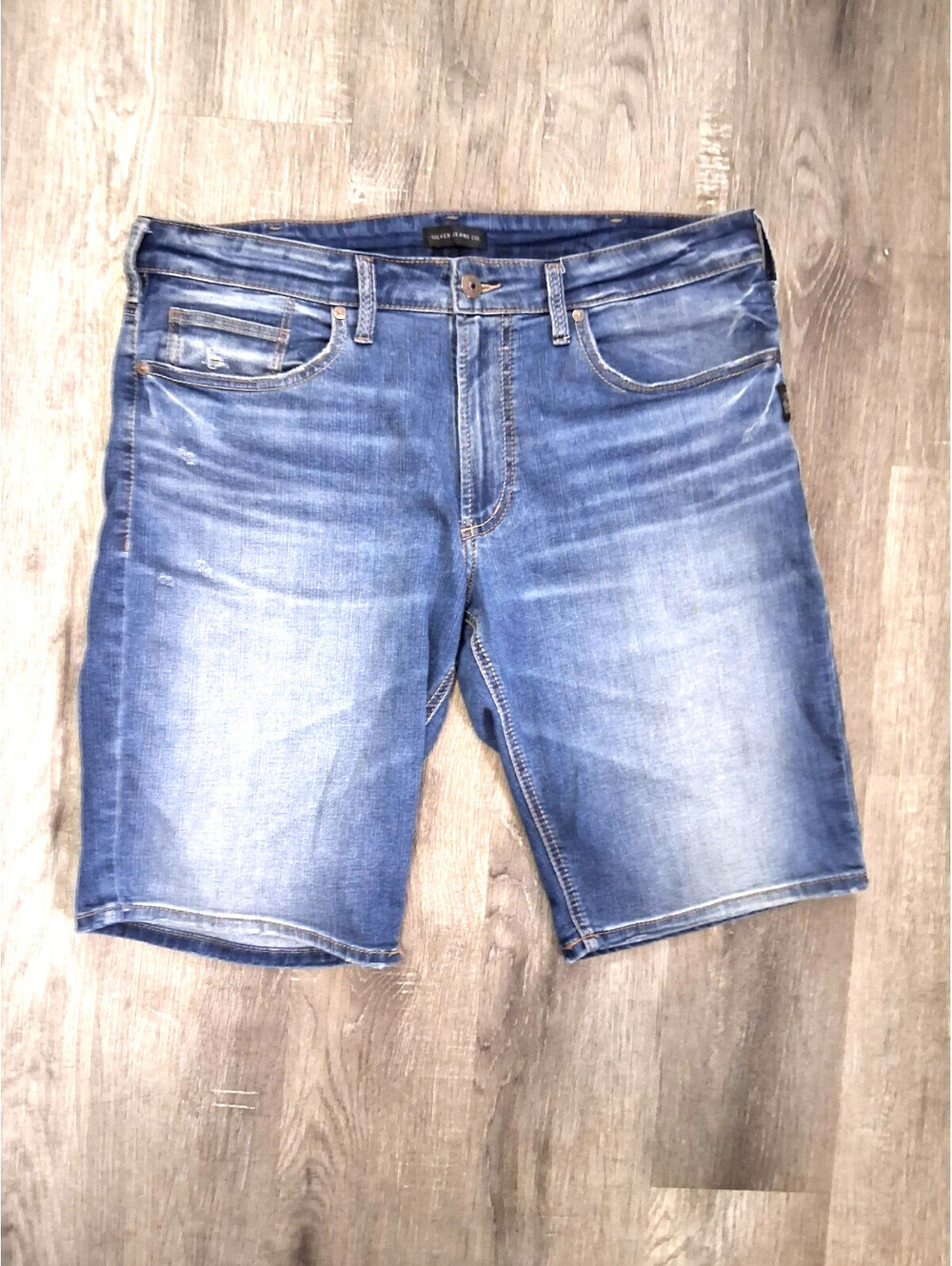Silver Jeans Co Zac Men's 36x11 Medium Wash Stretch Blue Denim Distressed Shorts